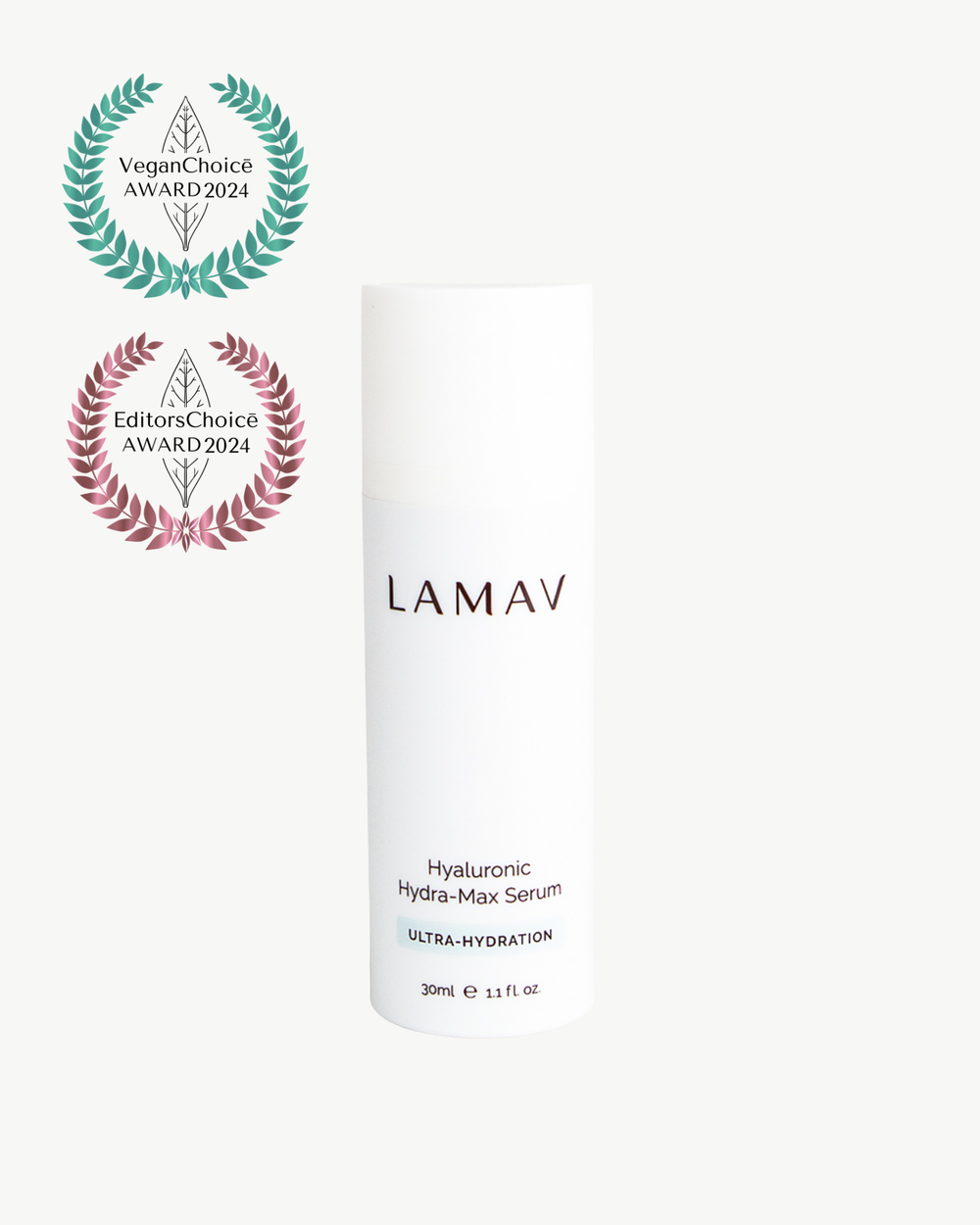 Hyaluronic Hydra-Max Serum by LAMAV — bottle next to 2024 Vegan and Editors Choice awards | Award-winning hydration