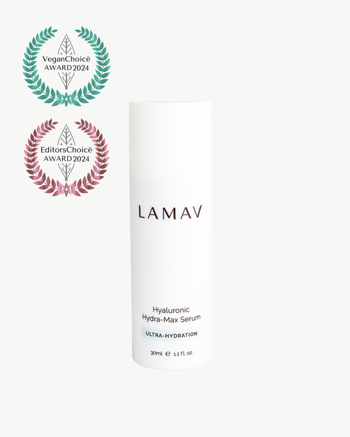 Hyaluronic Hydra-Max Serum by LAMAV — bottle next to 2024 Vegan and Editors Choice awards | Award-winning hydration