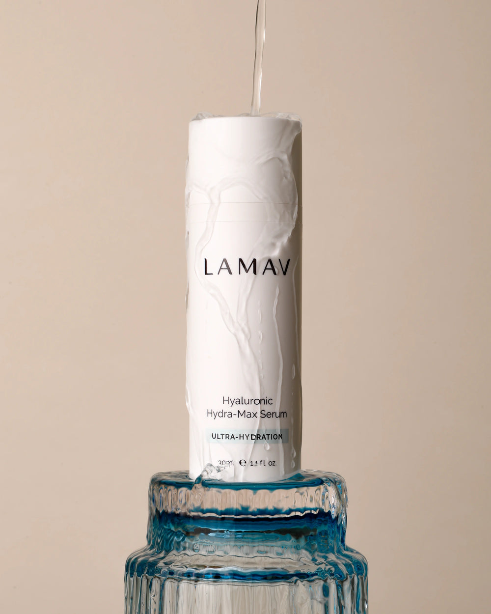 Hyaluronic Hydra-Max Serum by LAMAV — bottle next to 2024 Vegan and Editors Choice awards | Award-winning hydration
