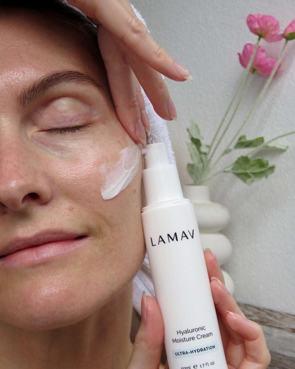 Hyaluronic Moisture Cream by LAMAV — 50ml white pump bottle, front view | intense hydration for plumper skin