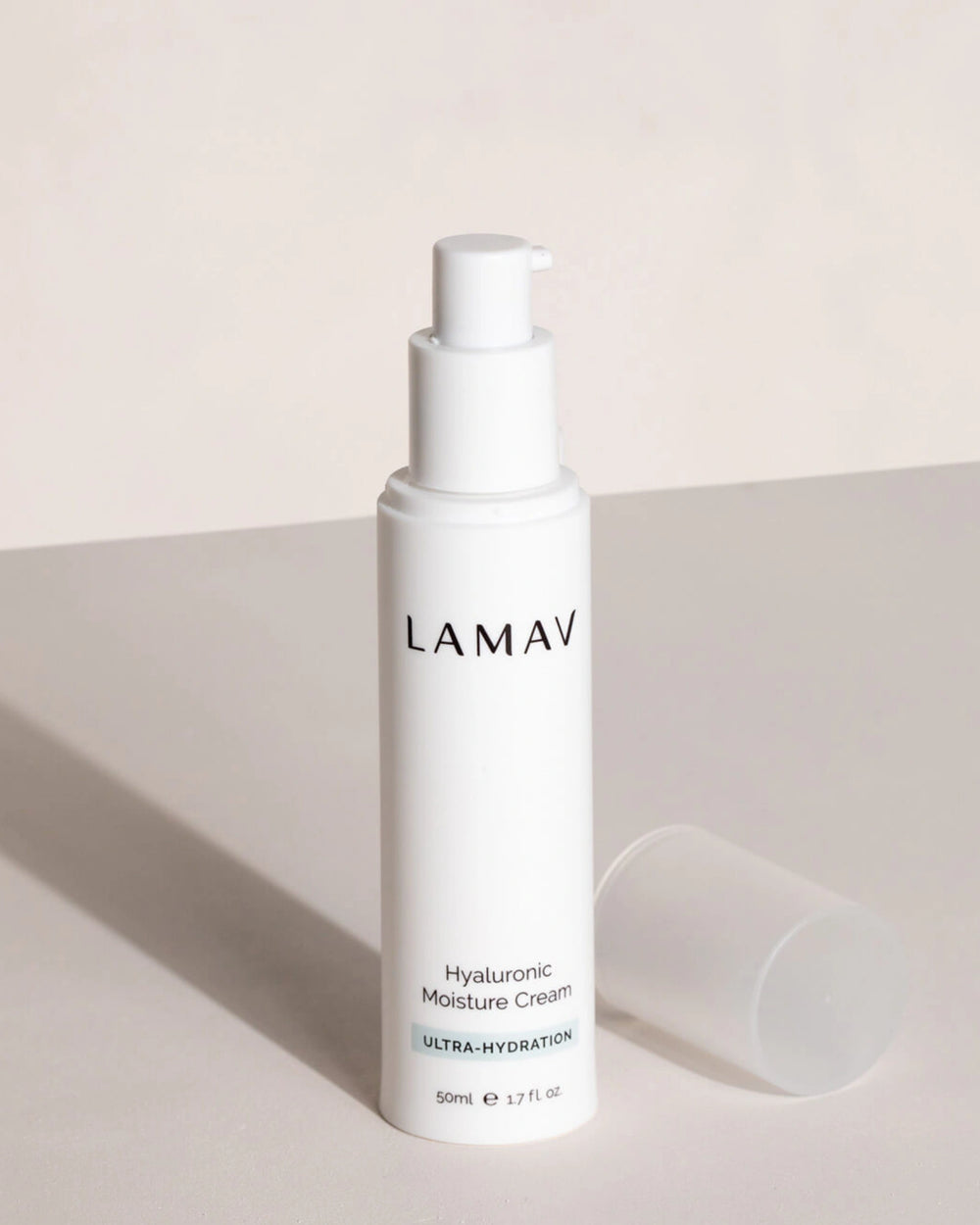 Hyaluronic Moisture Cream by LAMAV — 50ml white pump bottle, front view | intense hydration for plumper skin