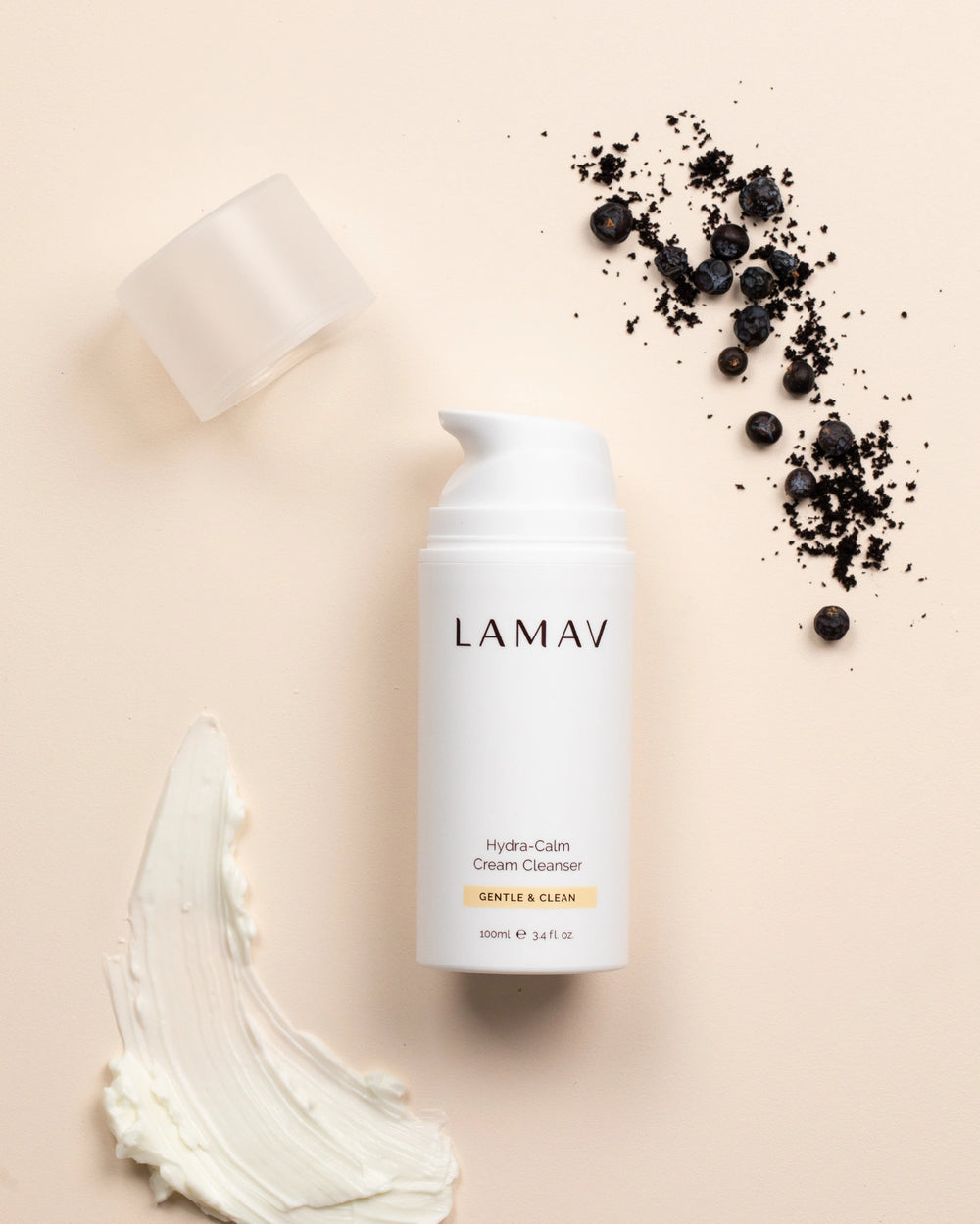 Hydra-Calm Cream Cleanser by LAMAV — 100ml white pump bottles, front view | gentle organic cleansing