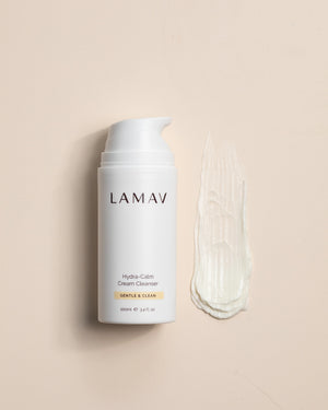 Hydra-Calm Cream Cleanser by LAMAV — 100ml bottle next to a thick cream swatch | Cleanses without stripping
