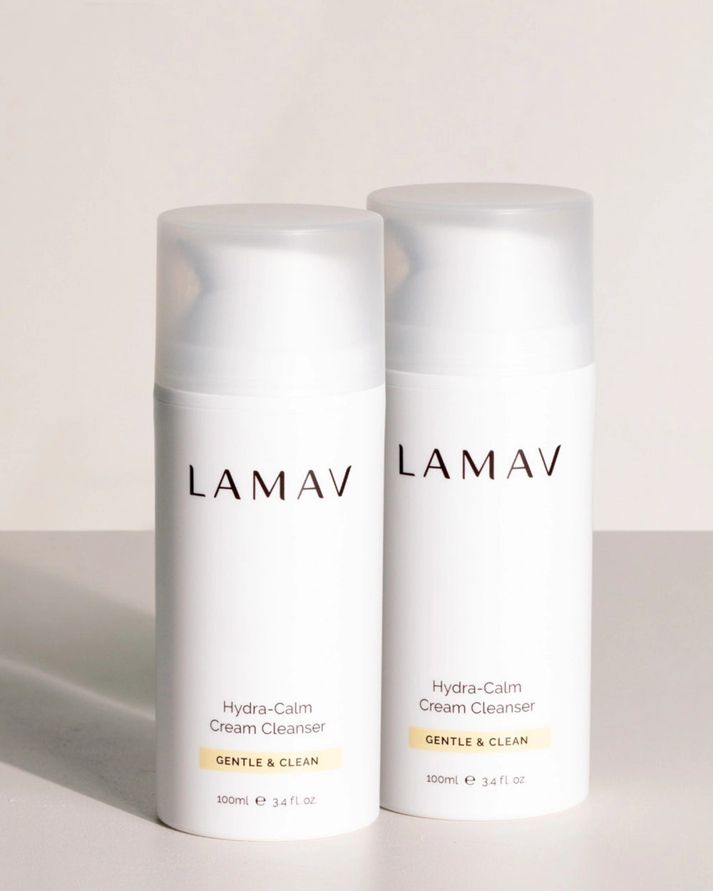 Hydra-Calm Cream Cleanser Duo by LAMAV — two 100ml white pump bottles side by side, front view | gentle organic cleansing