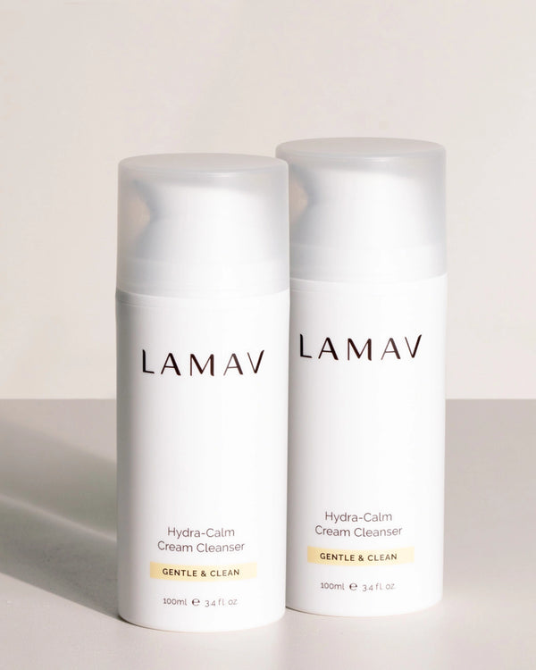 Hydra-Calm Cream Cleanser Duo by LAMAV — Two 100ml bottles with caps on | Calms and restores dry skin
