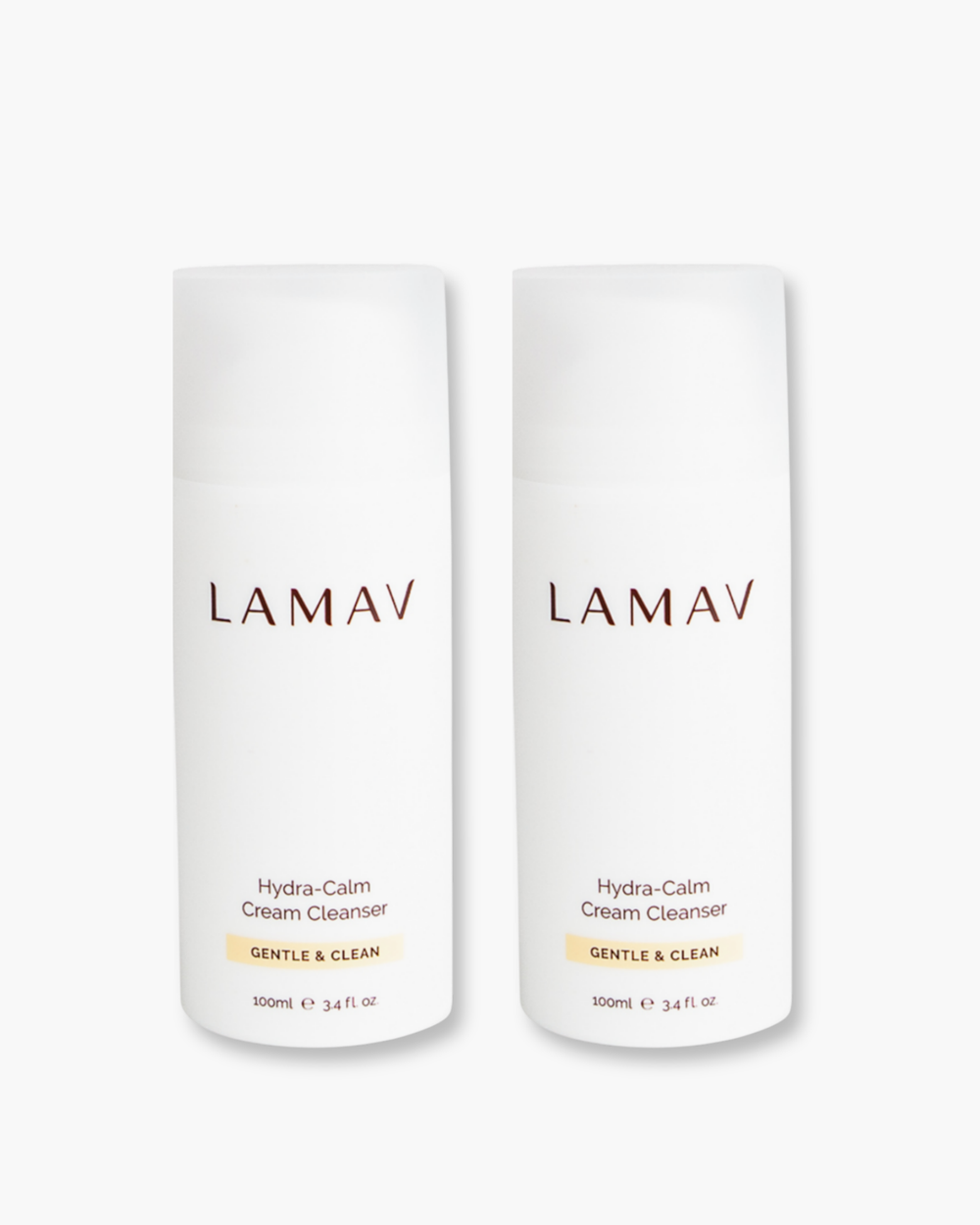 Hydra-Calm Cream Cleanser Duo by LAMAV — two 100ml white pump bottles side by side, front view | gentle organic cleansing