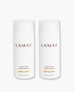 Hydra-Calm Cream Cleanser Duo by LAMAV — two 100ml white pump bottles side by side, front view | gentle organic cleansing