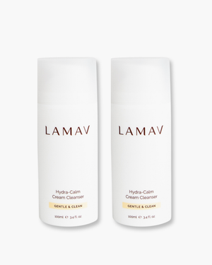 Hydra-Calm Cream Cleanser Duo by LAMAV — two 100ml white pump bottles side by side, front view | gentle organic cleansing