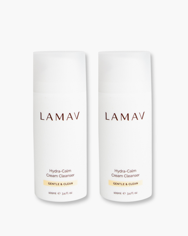 Hydra-Calm Cream Cleanser Duo by LAMAV — two 100ml white pump bottles side by side, front view | gentle organic cleansing