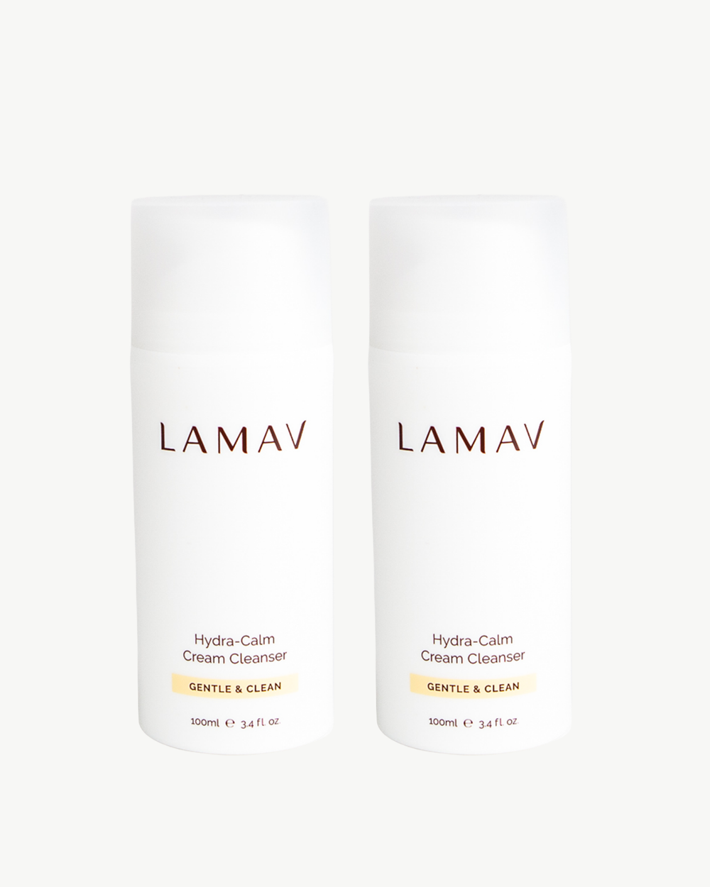 Hydra-Calm Cream Cleanser Duo by LAMAV — two 100ml white pump bottles side by side, front view | gentle organic cleansing