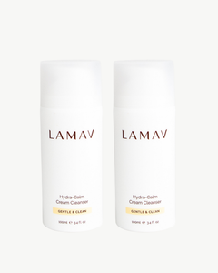 Hydra-Calm Cream Cleanser Duo by LAMAV — two 100ml white pump bottles side by side, front view | gentle organic cleansing