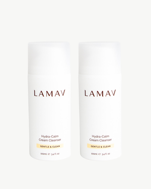 Hydra-Calm Cream Cleanser Duo by LAMAV — two 100ml white pump bottles side by side, front view | gentle organic cleansing