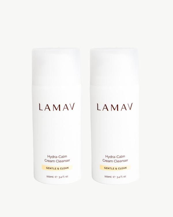 Hydra-Calm Cream Cleanser Duo by LAMAV — two 100ml white pump bottles side by side, front view | gentle organic cleansing