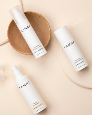 Hydration Organic Skincare Essentials by LAMAV — Three bottles flatlay on clay plate | Ultra-hydrating organic skincare