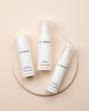 Hydration Organic Skincare Essentials by LAMAV — Three standing bottles on round plate | Plumps and restores dry skin