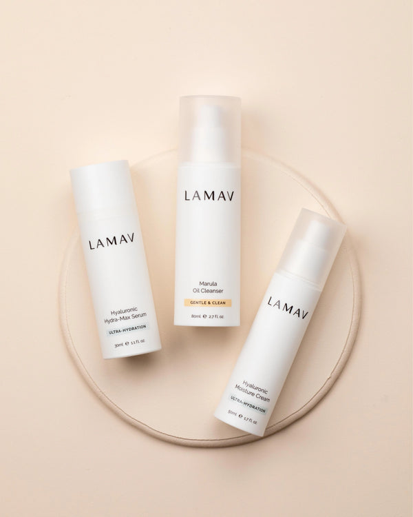 Hydration Organic Skincare Essentials by LAMAV — Three standing bottles on round plate | Plumps and restores dry skin
