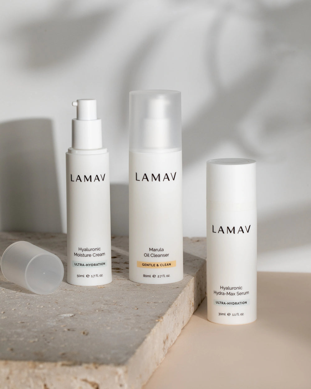 Hydration Organic Skincare Essentials by LAMAV — Box and three bottles on a stone slab | Essential hydration bundle