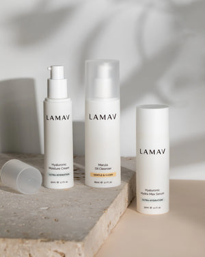 Hydration Organic Skincare Essentials by LAMAV — Three bottles standing on stone block | Daily organic hydration routine