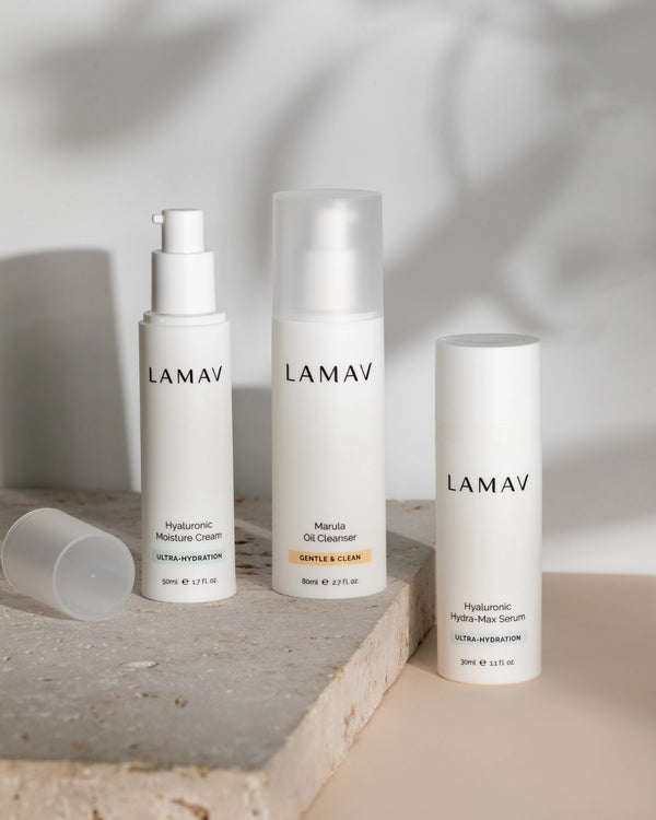 Hydration Organic Skincare Essentials by LAMAV — Three bottles standing on stone block | Daily organic hydration routine