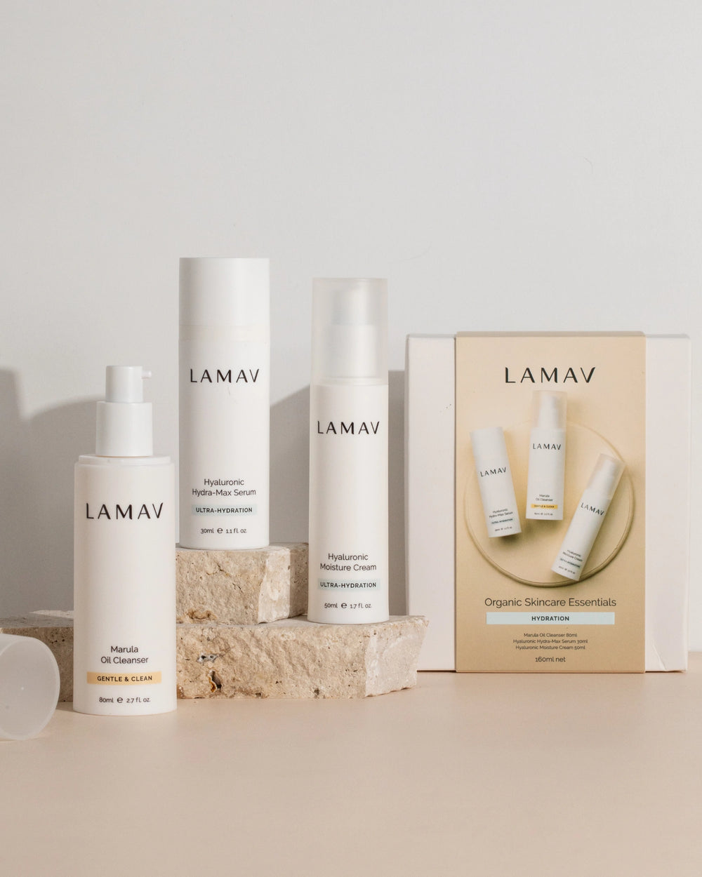 Hydration Organic Skincare Essentials by LAMAV — three hydrating products isolated on a white background, front view | deep moisture routine