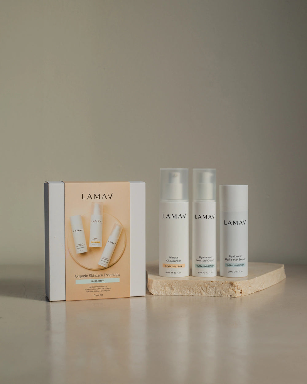 Hydration Organic Skincare Essentials by LAMAV — three hydrating products isolated on a white background, front view | deep moisture routine