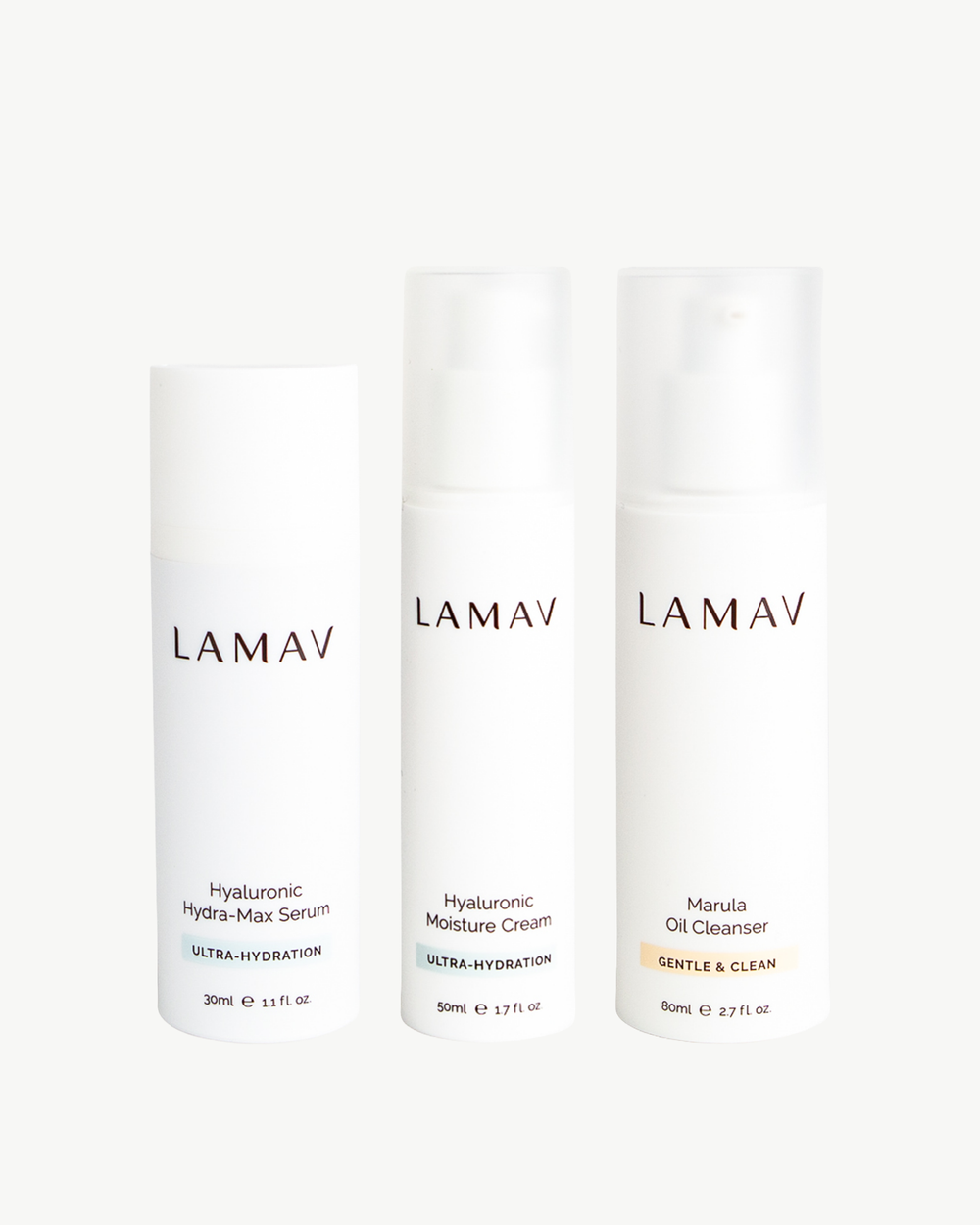 Hydration Organic Skincare Essentials by LAMAV — three hydrating products isolated on a white background, front view | deep moisture routine