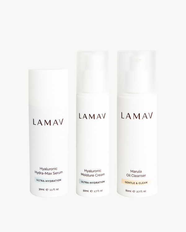 Hydration Organic Skincare Essentials by LAMAV — three hydrating products isolated on a white background, front view | deep moisture routine