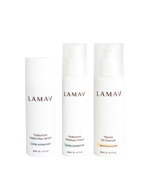 Hydration Organic Skincare Essentials by LAMAV — three hydrating products isolated on a white background, front view | deep moisture routine