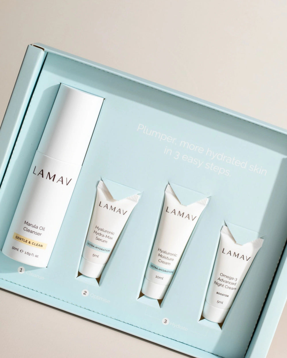 Hydration Skin Discovery Pack by LAMAV — Box and products on white stone pedestal | Plumper hydrated skin