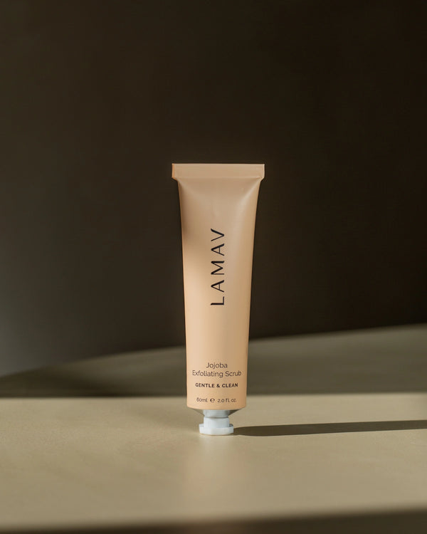 Jojoba Exfoliating Scrub by LAMAV — 60ml tan tube standing upright | gentle clean exfoliation