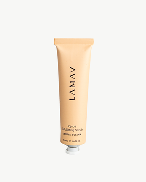 Jojoba Exfoliating Scrub by LAMAV — 60ml soft peach tube, gentle and clean, front view | smooths and refines skin texture