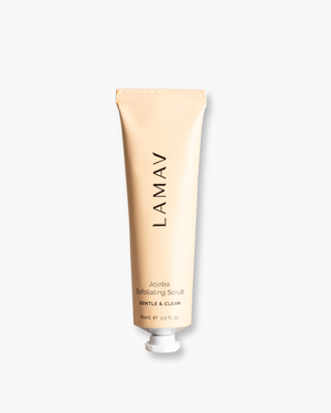 Jojoba Exfoliating Scrub by LAMAV — 60ml soft peach tube, gentle and clean, front view | smooths and refines skin texture