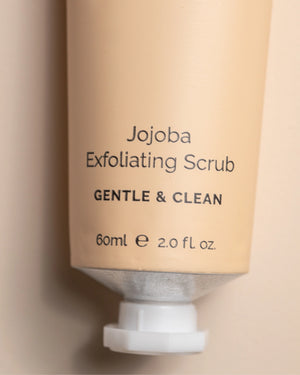 Jojoba Exfoliating Scrub by LAMAV — close up of gentle and clean label | smooths complexion