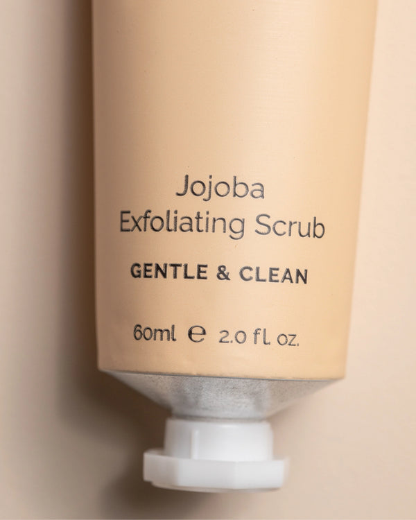Jojoba Exfoliating Scrub by LAMAV — close up of gentle and clean label | smooths complexion