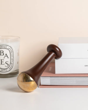 Ayurvedic Kansa Wand by LAMAV — wooden handle wand resting on a stack of books | Ancient Ayurvedic massage tool