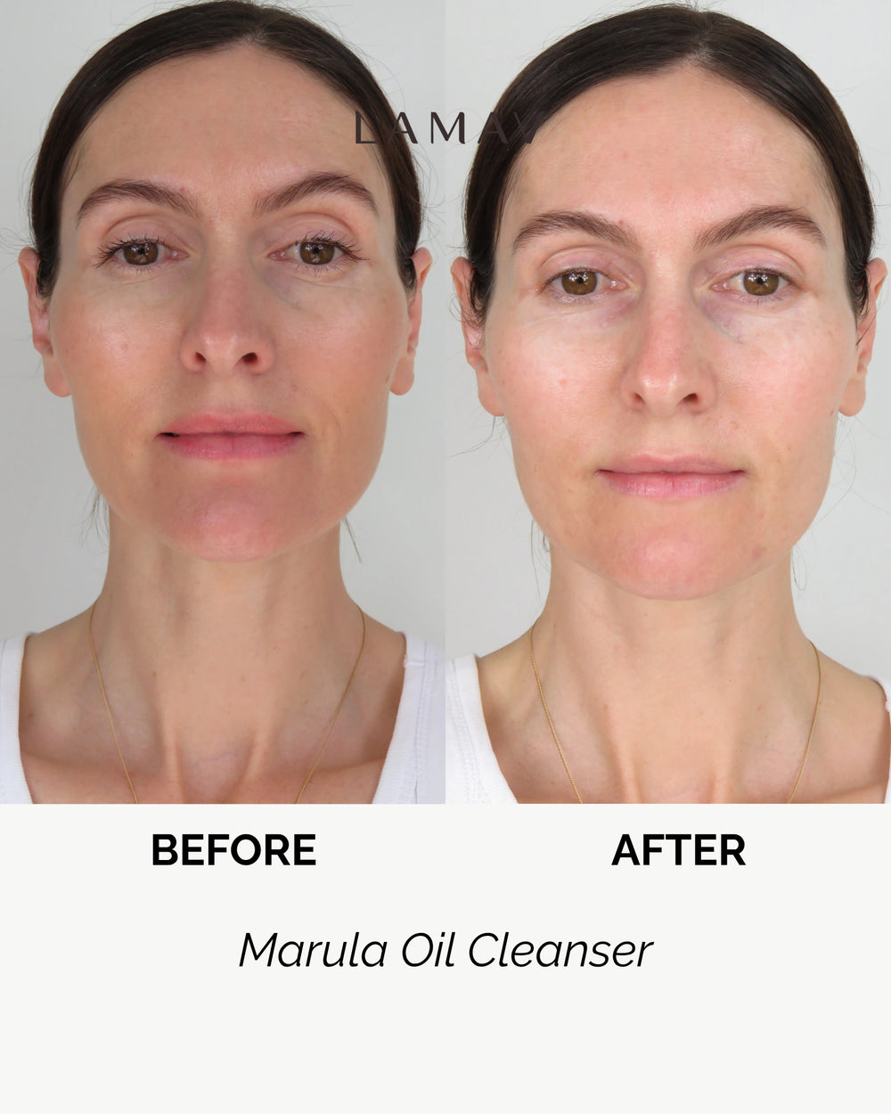 Marula Oil Cleanser by LAMAV — 80ml white airless pump bottle beside Clean + Conscious awards | award-winning organic cleanser