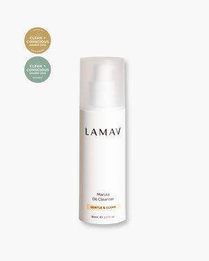 Marula Oil Cleanser by LAMAV — 80ml white airless pump bottle beside Clean + Conscious awards | award-winning organic cleanser