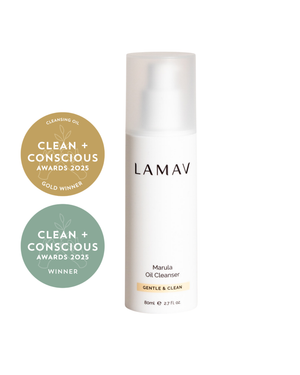 Marula Oil Cleanser by LAMAV — 80ml white airless pump bottle beside Clean + Conscious awards | award-winning organic cleanser