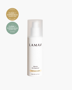 Marula Oil Cleanser by LAMAV — 80ml white airless pump bottle beside Clean + Conscious awards | award-winning organic cleanser