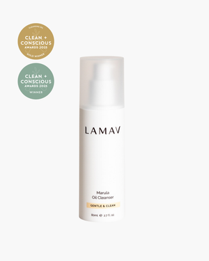 Marula Oil Cleanser by LAMAV — 80ml white airless pump bottle beside Clean + Conscious awards | award-winning organic cleanser