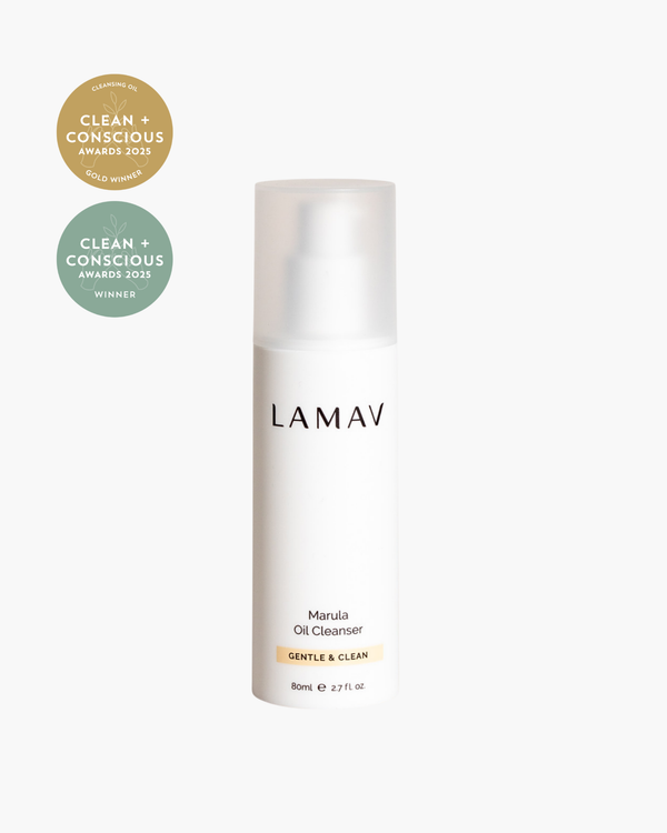 Marula Oil Cleanser by LAMAV — 80ml white airless pump bottle beside Clean + Conscious awards | award-winning organic cleanser