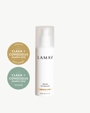 Marula Oil Cleanser by LAMAV — 80ml white airless pump bottle beside Clean + Conscious awards | award-winning organic cleanser