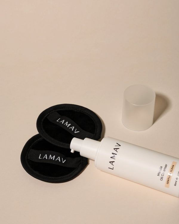 Marula Oil Cleanser by LAMAV — pump bottle with black cleansing pads | effortlessly removes makeup