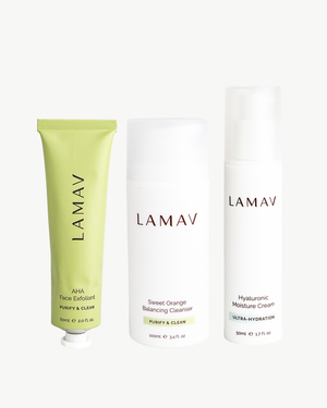 Men's Skin Essentials by LAMAV — three skincare products isolated on white background, front view | complete organic routine