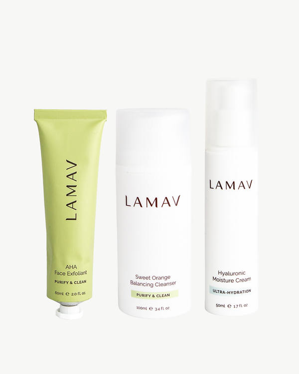 Men's Skin Essentials by LAMAV — three skincare products isolated on white background, front view | complete organic routine