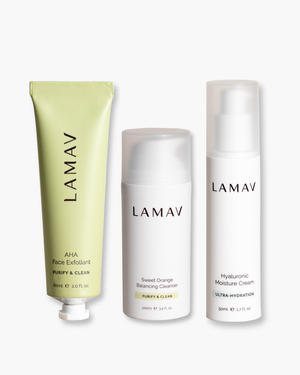 Men's Skin Essentials by LAMAV — three skincare products isolated on white background, front view | complete organic routine