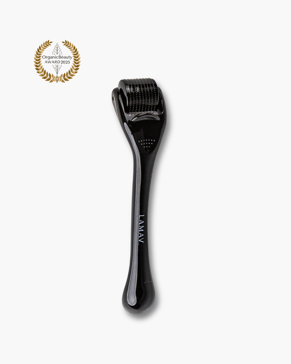 Micro Dermal Roller by LAMAV — black microneedling tool beside an Organic Beauty Award 2025 badge | skin rejuvenation