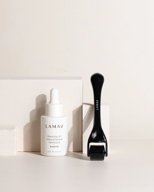 Micro Dermal Roller by LAMAV — upright next to Bakuchiol Natural Retinol Alternative | helps smooth fine lines