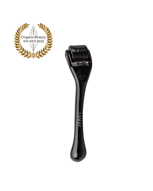 Micro Dermal Roller by LAMAV — black microneedling tool beside an Organic Beauty Award 2025 badge | skin rejuvenation