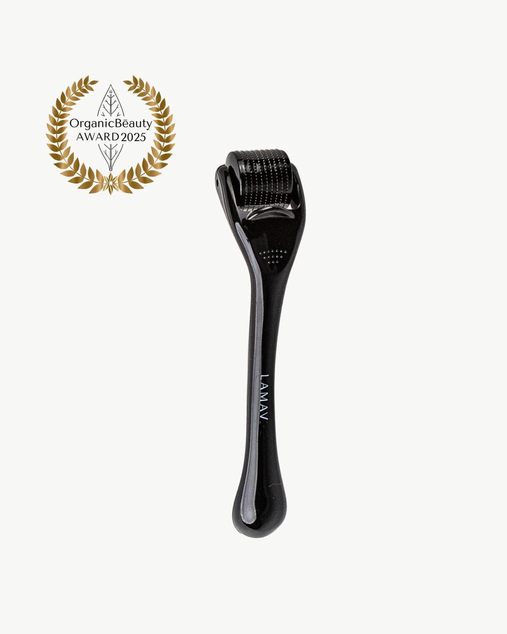 Micro Dermal Roller by LAMAV — black microneedling tool beside an Organic Beauty Award 2025 badge | skin rejuvenation